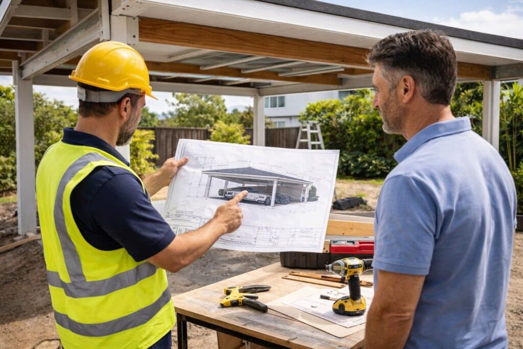 Future-Proofing Your Carport: Build for Today, Plan for Tomorrow 3 Builder and homeowner reviewing carport plans during construction on-site.