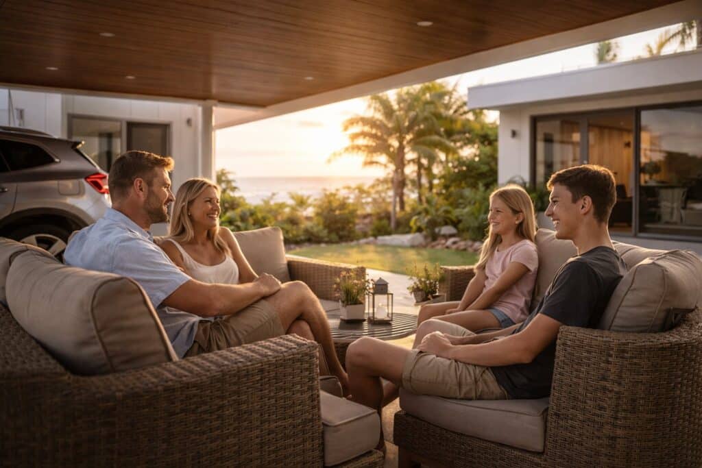 Family enjoying a shaded outdoor area under a carport used as a comfortable living space.