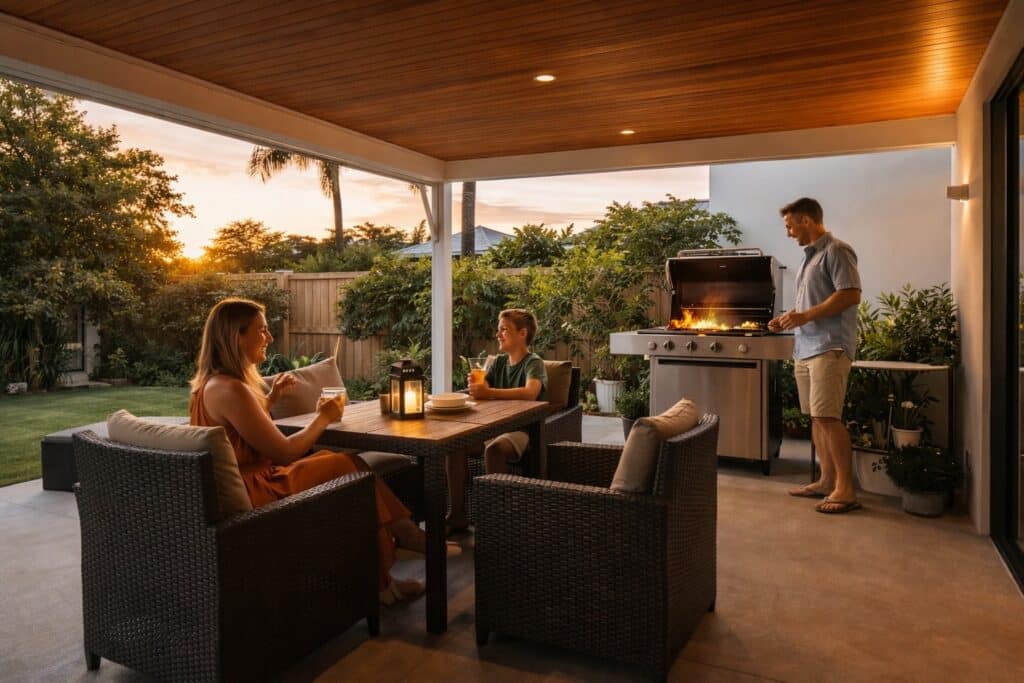 Carport Builders Southport 3 A family enjoying a shaded carport area set up as an outdoor living space with seating and a barbecue.