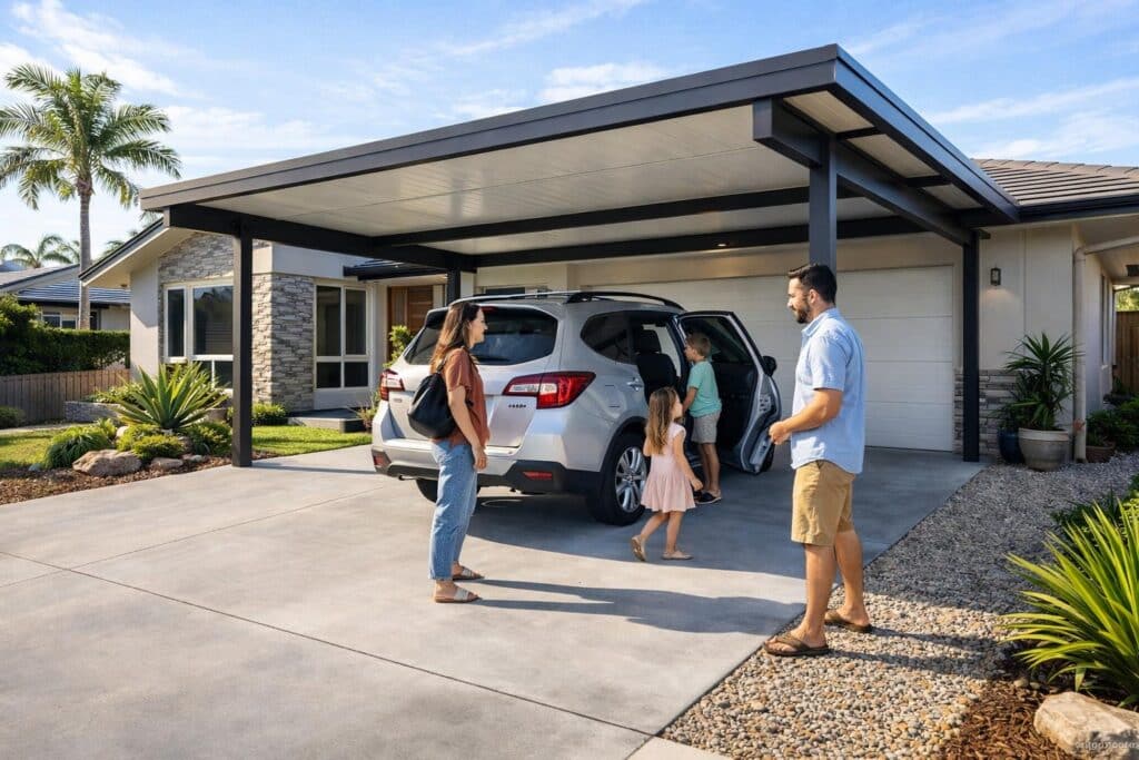 Family using a finished carport to park their vehicle outside a modern home on a sunny day.