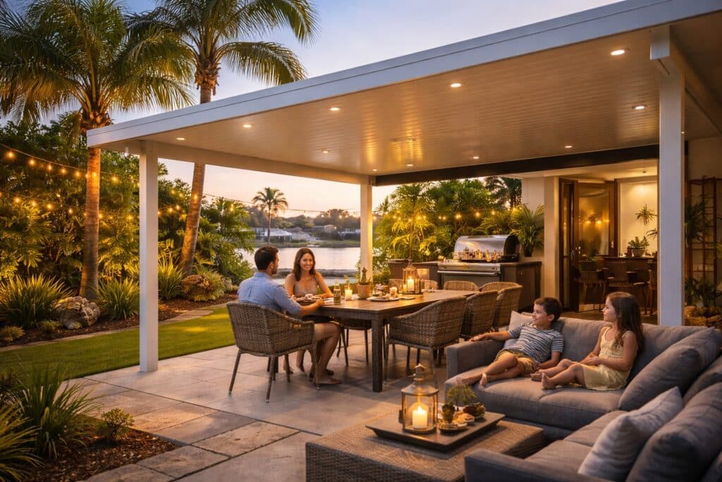 Family enjoying a shaded outdoor space under a carport used as an entertaining and relaxation area.
