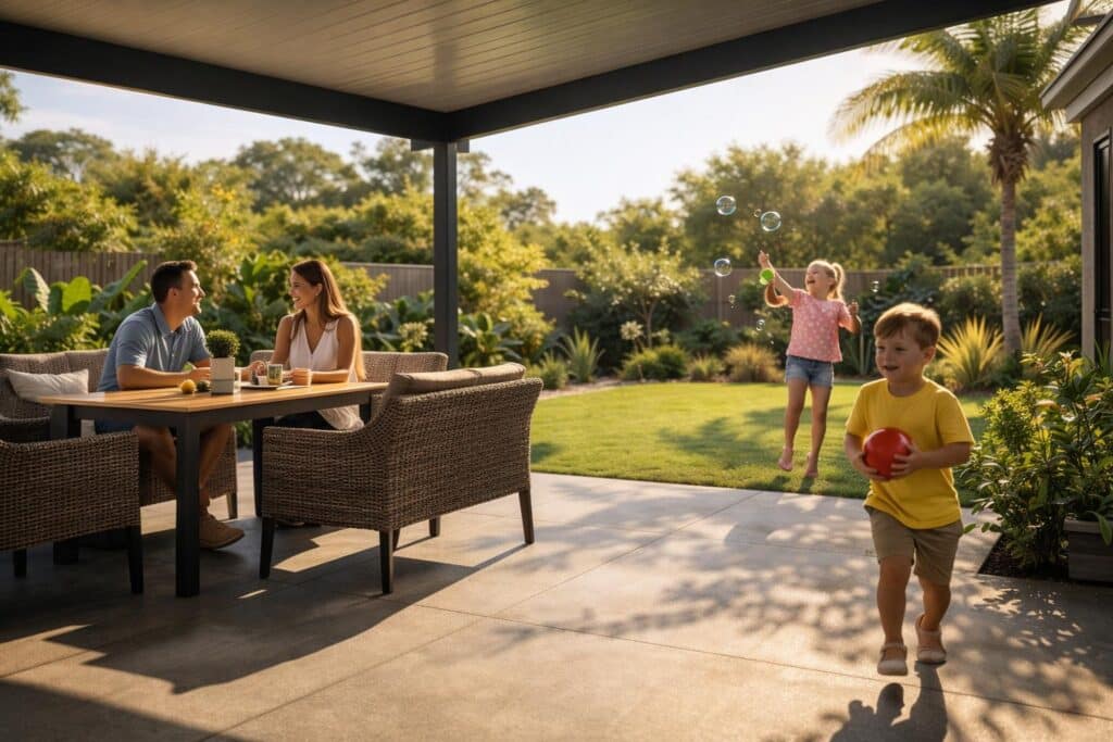 Family enjoying a shaded carport area used as an outdoor living and entertaining space.