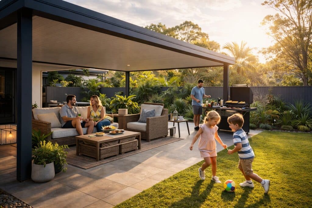 Family enjoying a multi-purpose carport used as a shaded outdoor living and entertainment space.