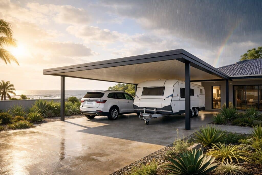 Custom carport protecting an SUV and caravan from sun and rain in a coastal residential area.