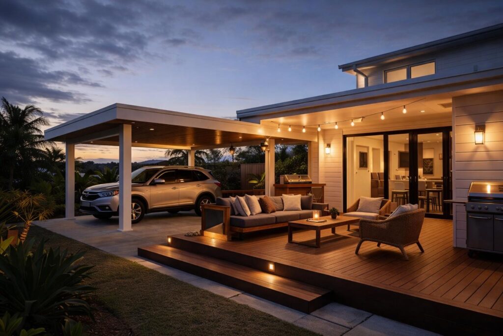 A cohesive outdoor living space combining a carport, patio, and deck area.
