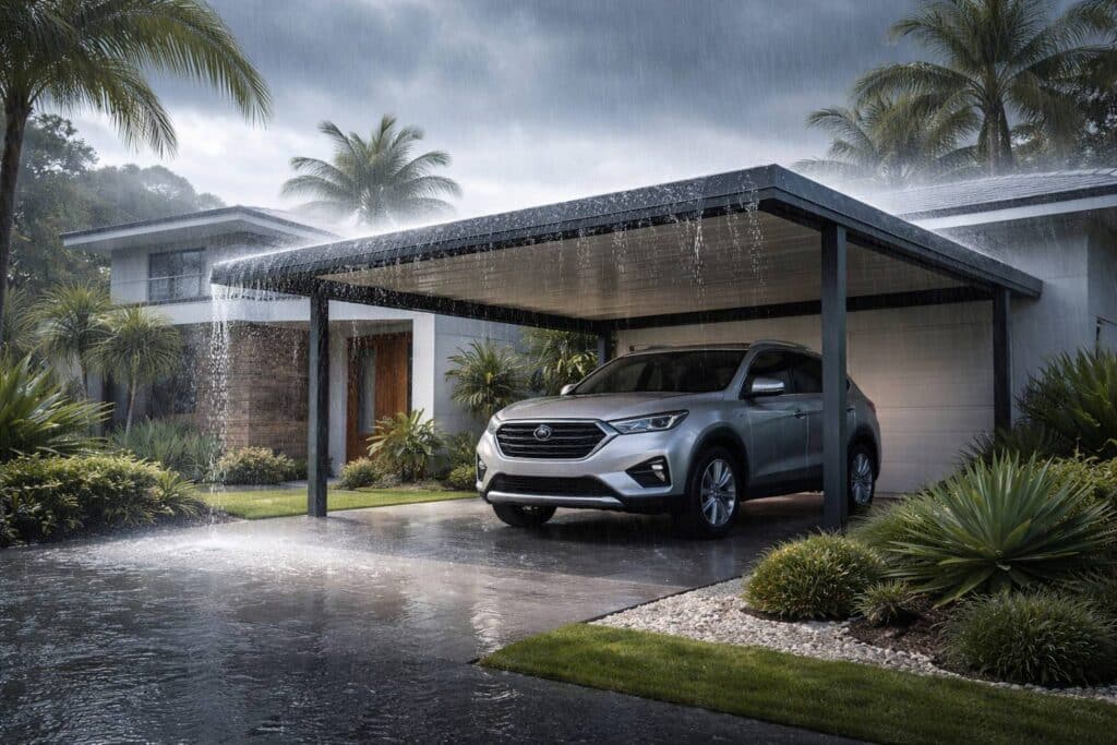 Car sheltered under a sturdy carport during heavy rain, demonstrating protection against harsh coastal weather conditions.