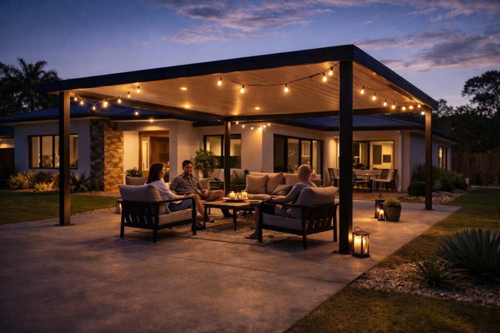 Carport transformed into a cozy outdoor living space with seating and warm lighting.