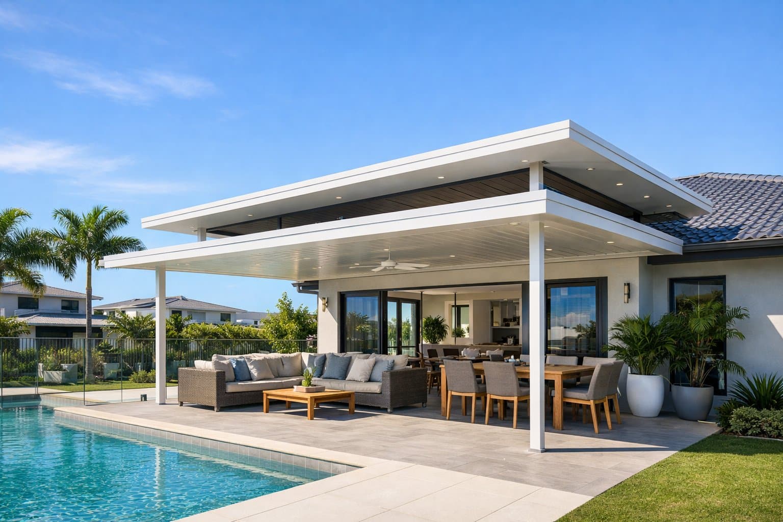 Modern home featuring a raised flyover roof patio that creates an open, airy outdoor living space.