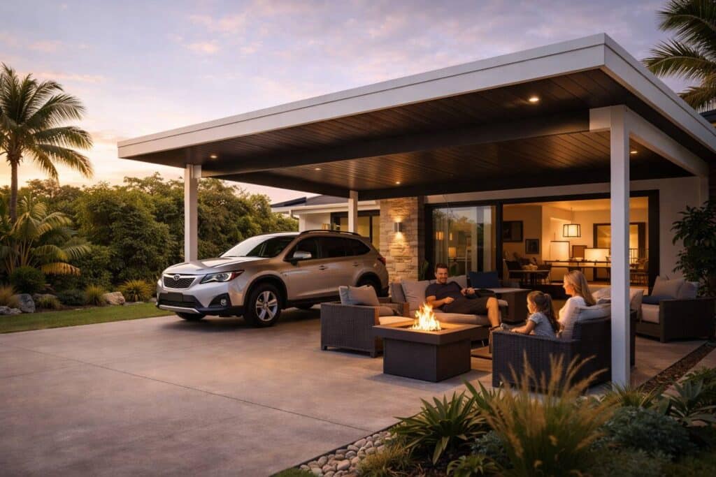 Completed carport used as a shaded outdoor living area with a parked car and seating space.