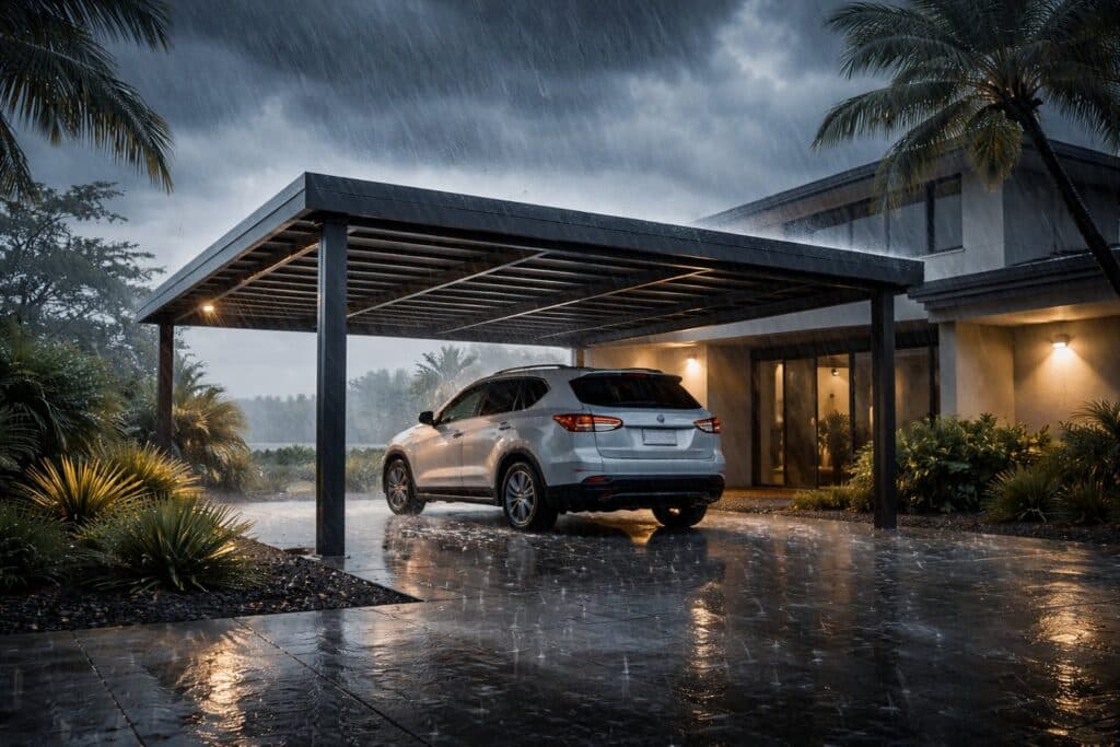A steel carport standing strong during a storm, shielding a car from heavy rain and wind.
