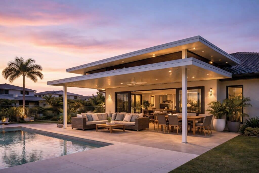 Evening view of a home with a beautifully lit flyover roof patio creating a warm and inviting outdoor space.