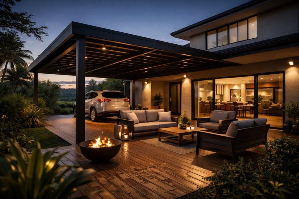 A steel carport integrated with a patio and deck, creating a cohesive and functional outdoor living space.