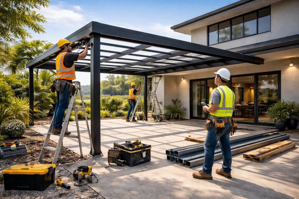 Builders assembling a carport structure during construction, showing the installation process and workmanship.