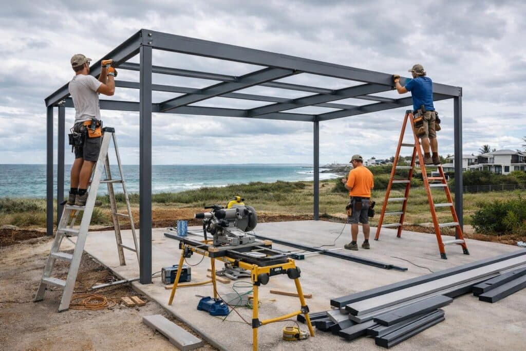 Builders constructing a durable carport structure in a coastal environment.