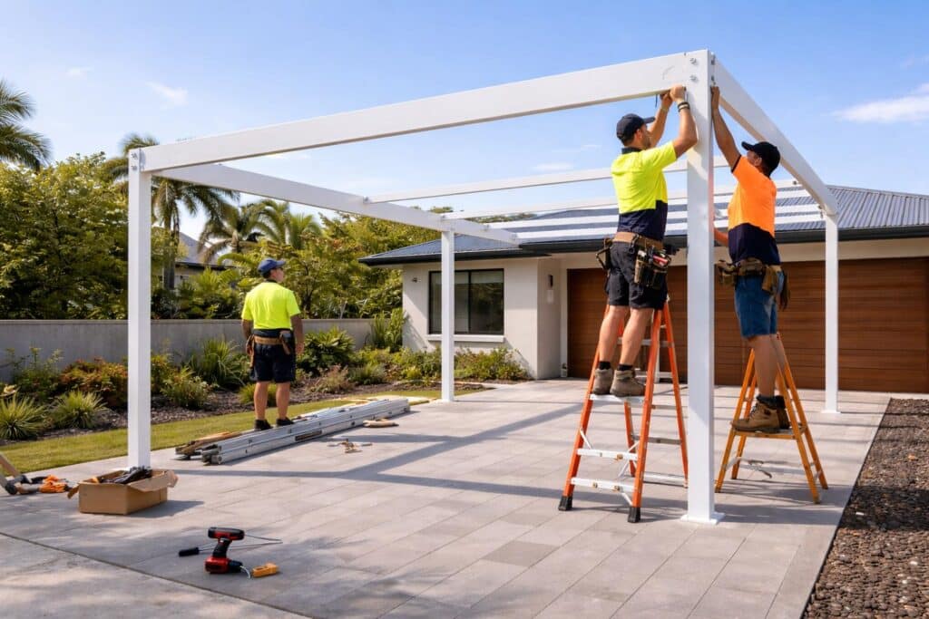 Builders working together to install a custom carport structure at a home.