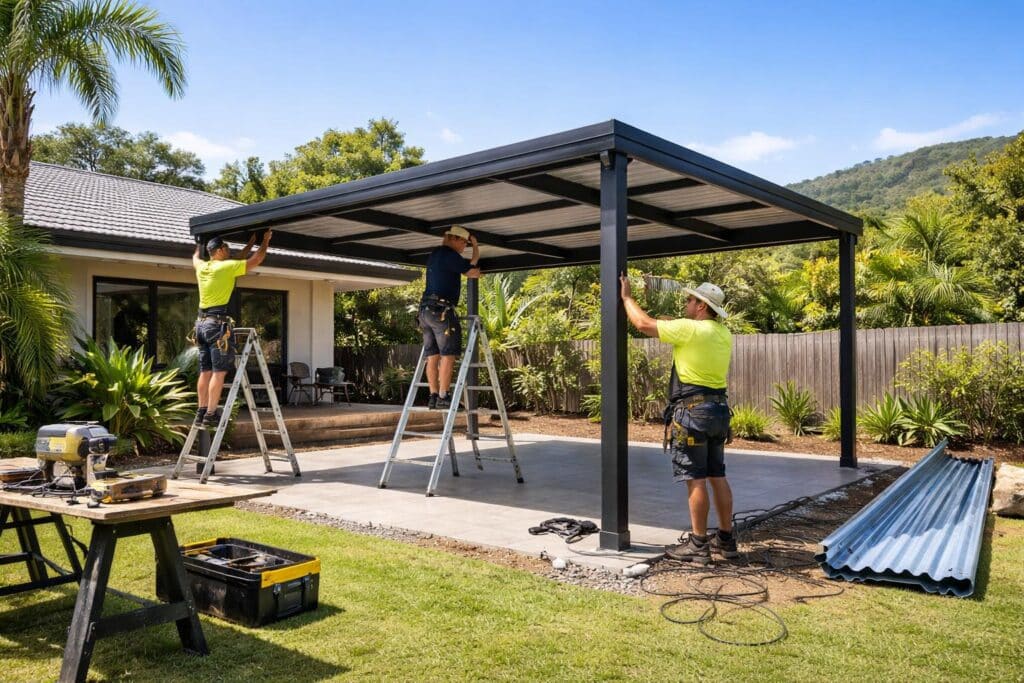 Builders installing a steel carport structure in a residential backyard.