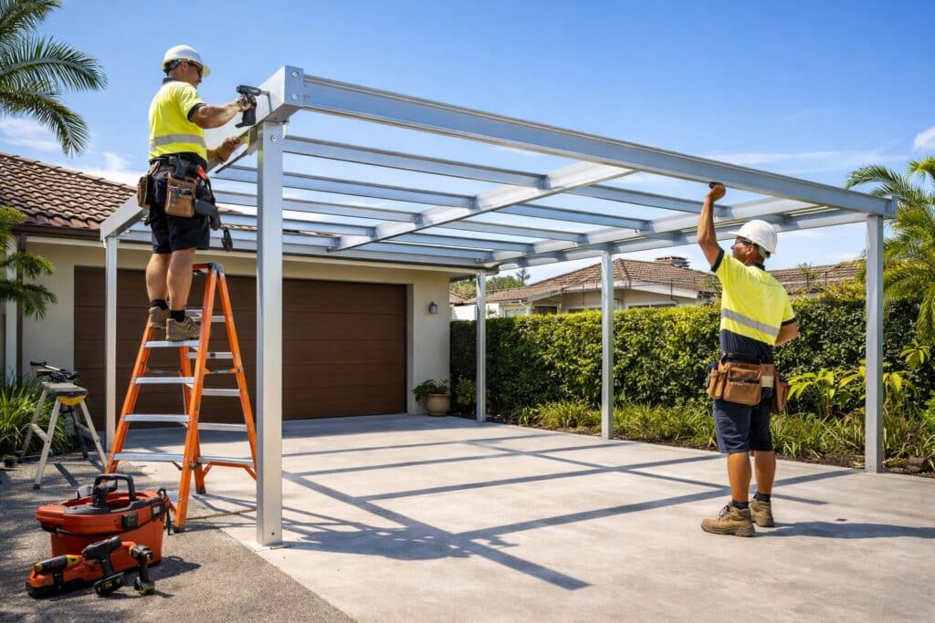 Builders installing a durable steel carport structure at a residential property.