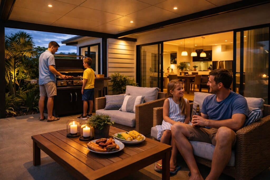 Carport used as a multifunctional outdoor space with a family enjoying an evening gathering.