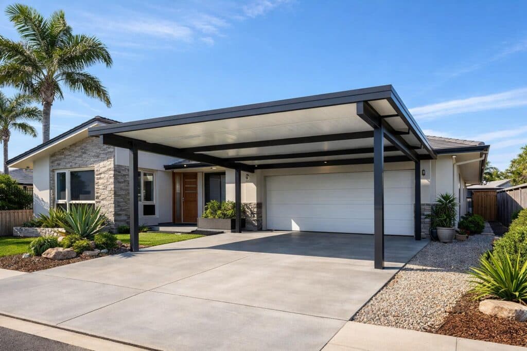 Modern custom-built carport attached to a suburban Carrara home with a clean driveway and coastal design.