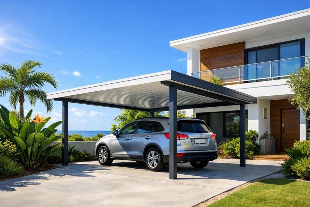 Modern carport attached to a coastal home in Ashmore protecting a car from bright sunlight.