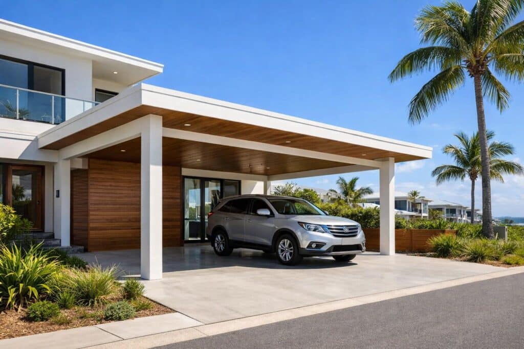 Modern double carport attached to a coastal home in Broadbeach under bright sunny conditions.