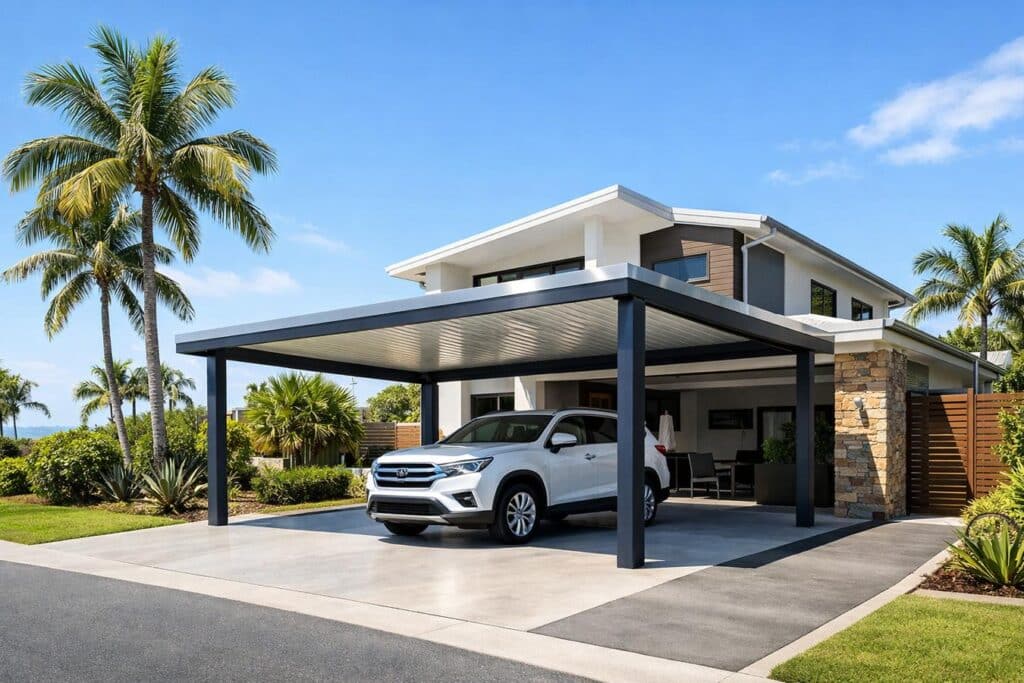 Modern coastal home in Helensvale featuring a sleek, durable carport designed for sunny and coastal weather conditions.