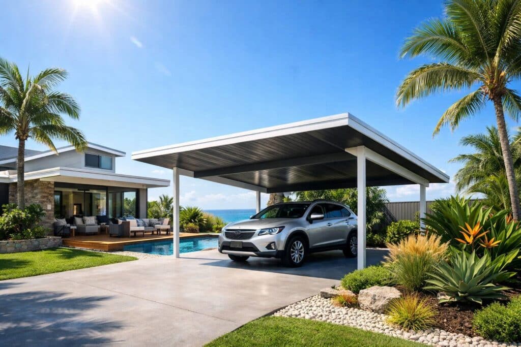 Modern coastal home in Highland Park featuring a sleek carport with a parked car and landscaped outdoor space.