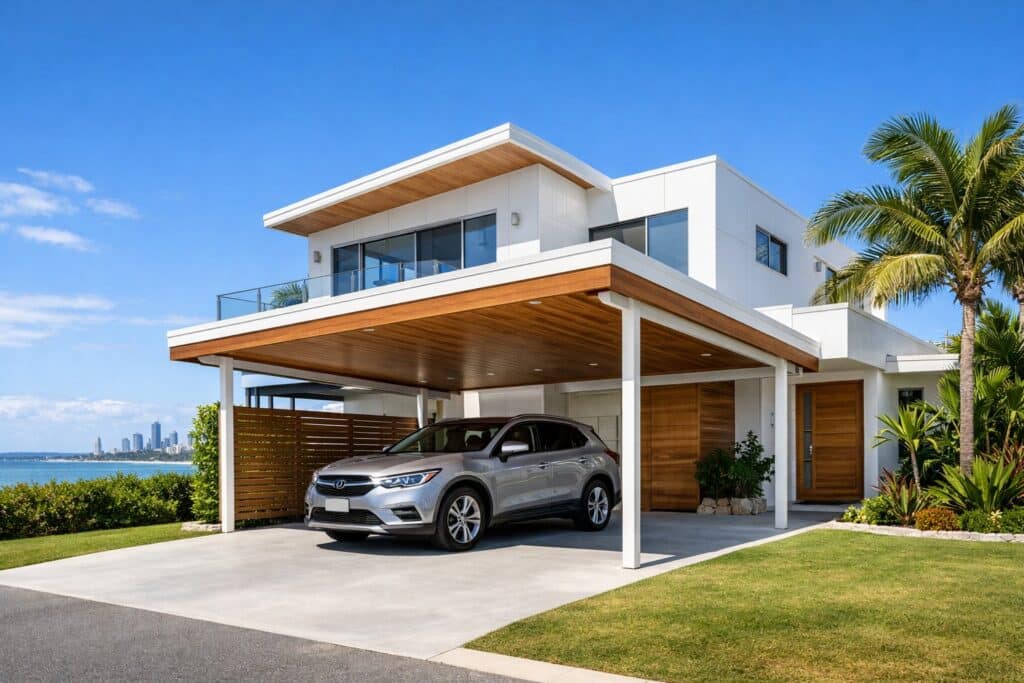Modern coastal home in Main Beach with a sleek custom carport protecting a car under a bright sunny sky.