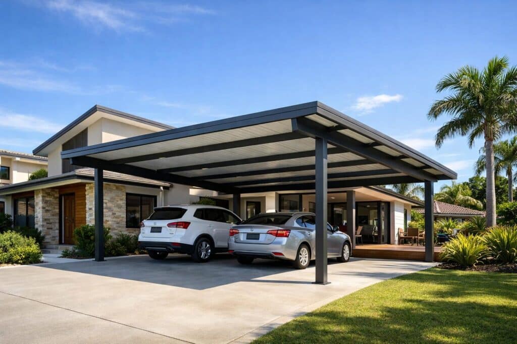 Modern custom-built carport attached to a coastal home in a sunny suburban setting.