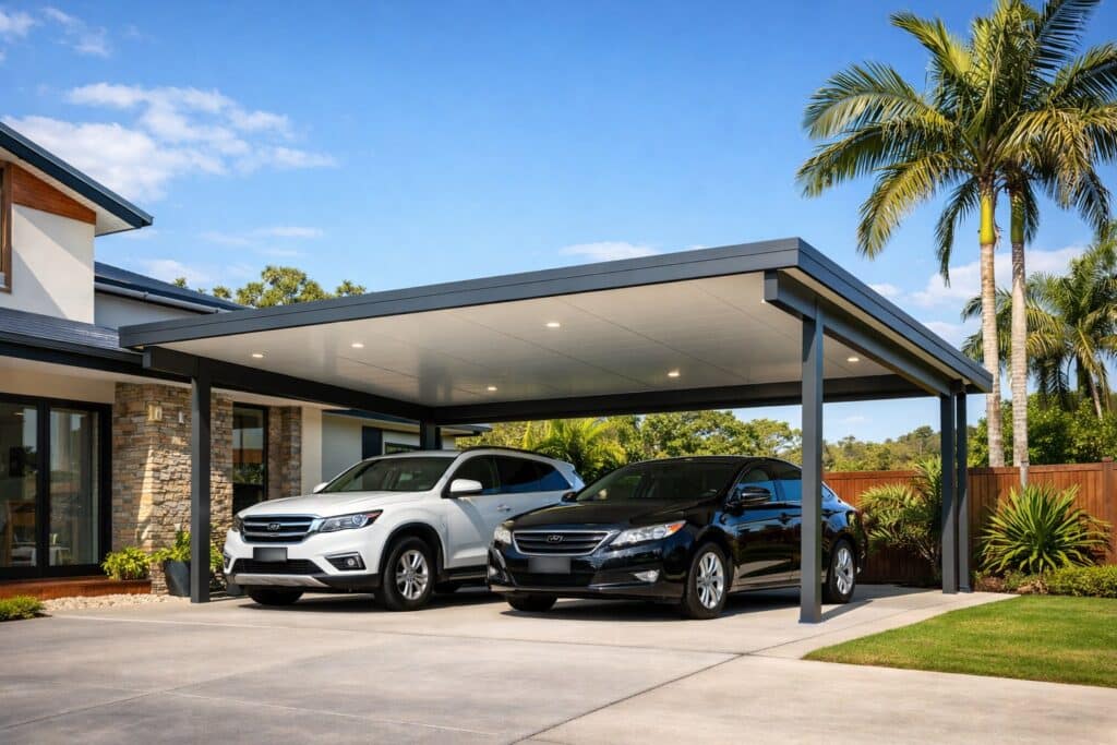 Modern custom-built carport attached to a home, protecting two vehicles in a sunny suburban setting.