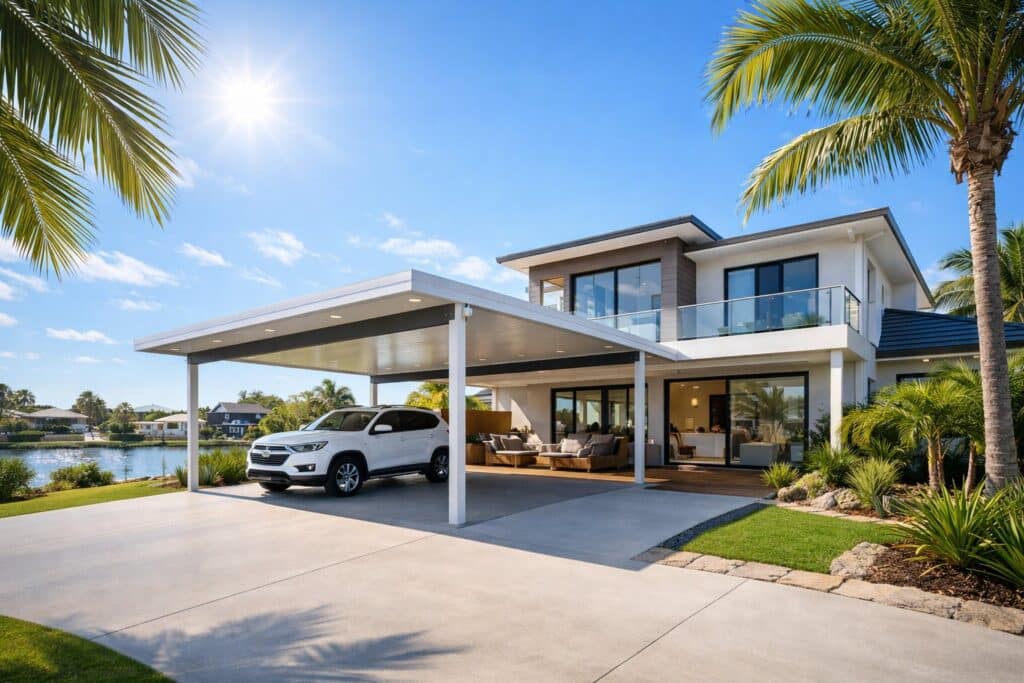Modern coastal home in Mermaid Waters featuring a stylish custom-built carport with palm trees and bright sunny surroundings.