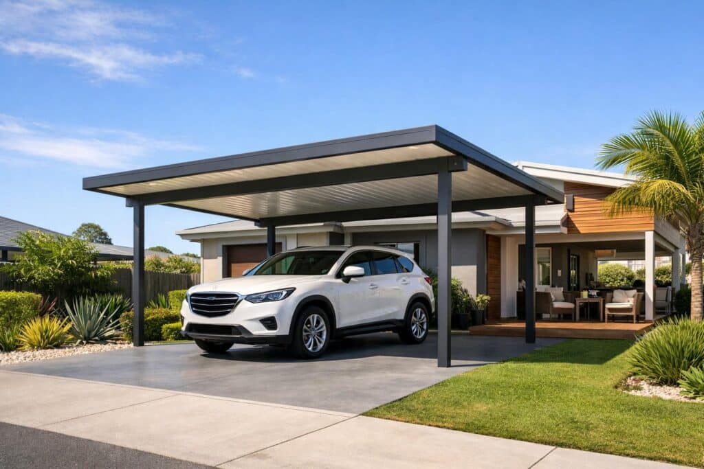 Modern home in Pimpama with a stylish custom-built carport providing shade and enhancing outdoor living space.