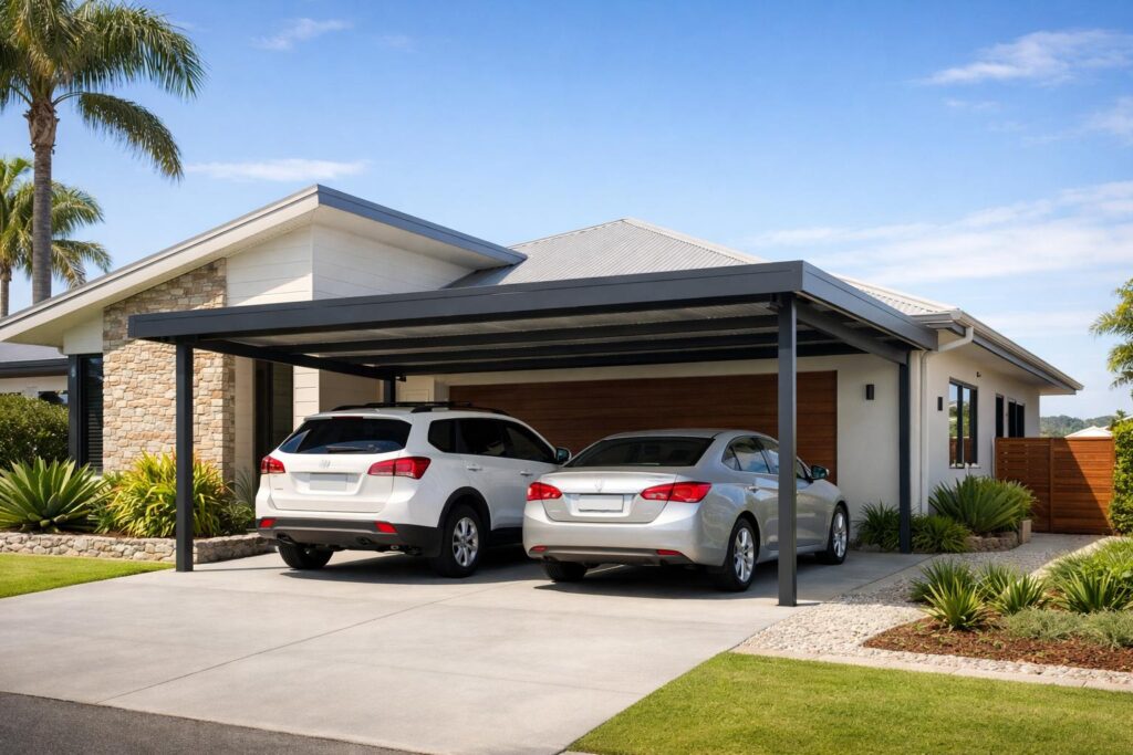Modern steel carport attached to a suburban Gold Coast home with two cars parked underneath on a sunny day.