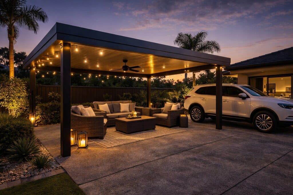 Multi-functional carport used as both vehicle shelter and outdoor entertainment space with seating and lighting.