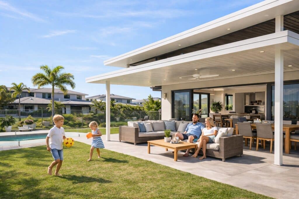 Family enjoying a spacious and well-lit outdoor patio under a flyover roof on a sunny day.