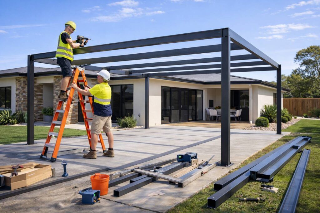 Builders installing a steel carport frame during construction at a residential site.