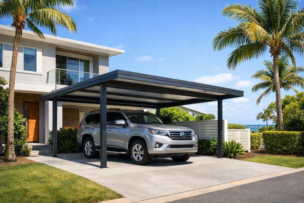 Modern coastal home in Labrador with a Colorbond carport protecting a parked SUV in a sunny outdoor setting.