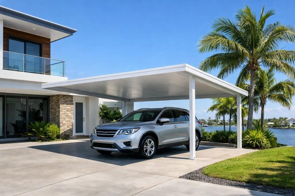 Modern coastal carport in Runaway Bay protecting a vehicle from sun and weather.
