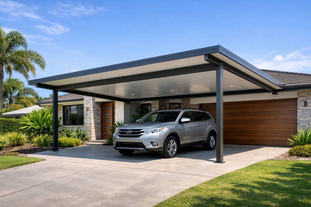 Modern custom-built carport attached to a suburban home, showcasing clean design and vehicle protection.