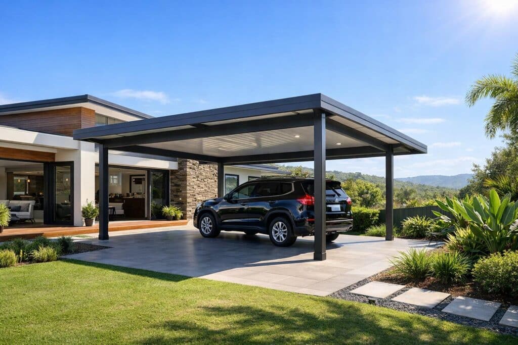 Modern custom-built carport attached to a Tallai home with clean landscaping and sunny outdoor setting.