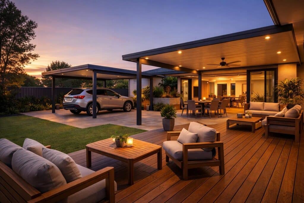 Outdoor living space combining a carport, patio, and decking for a functional backyard.