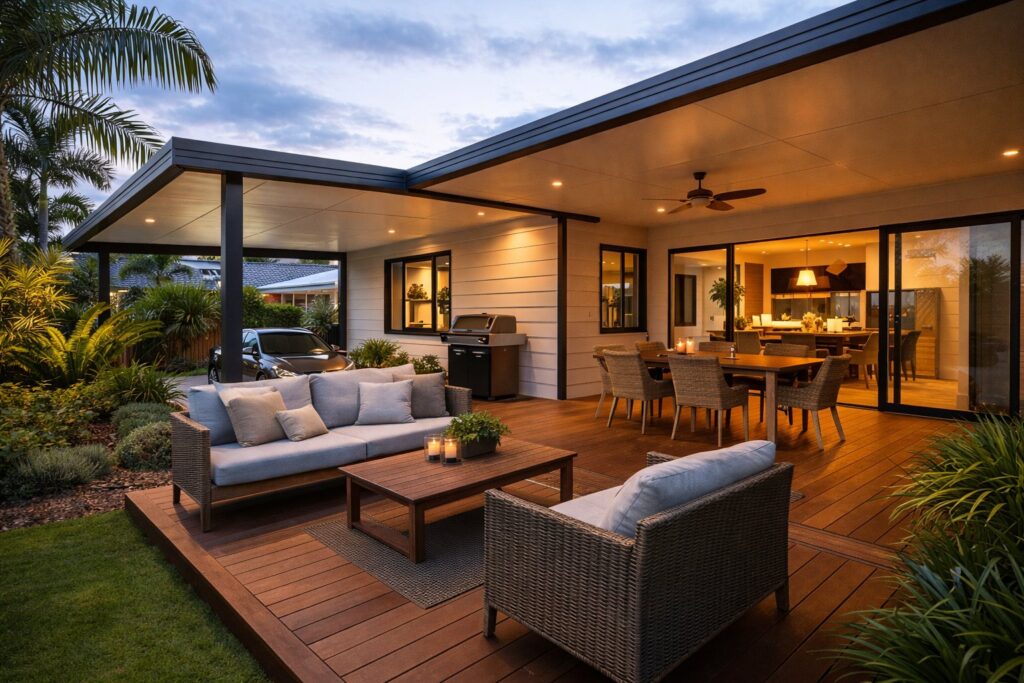 Custom-designed carport seamlessly integrated with a deck and patio in a modern backyard setting.
