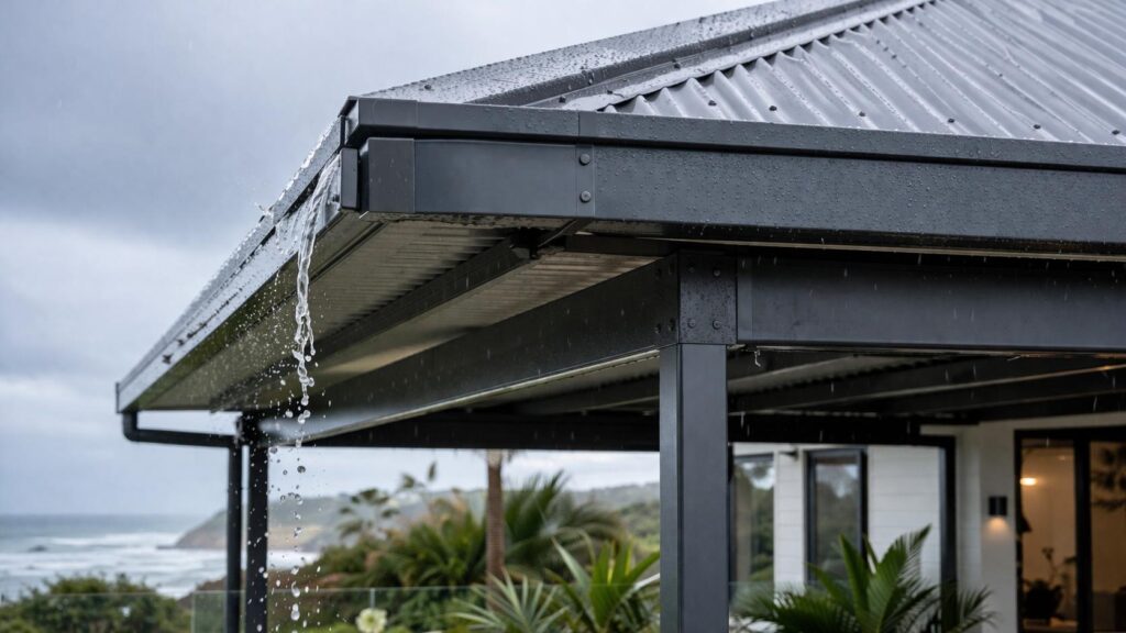 Close-up of a steel carport with Colorbond roofing designed to withstand rain and coastal conditions.