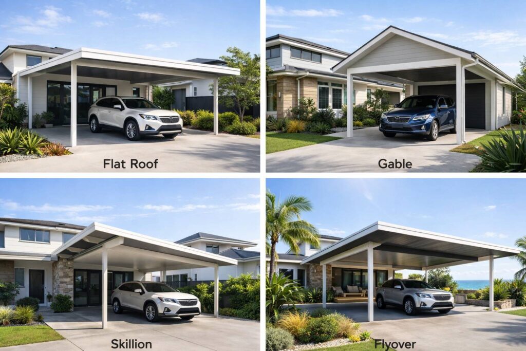 Comparison of various carport styles including flat, gable, skillion, and flyover designs on modern homes.