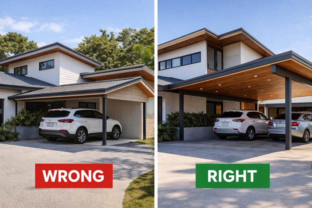 Matching a Carport to a House With an Unusual Roofline 1 Side-by-side comparison of a poorly matched carport versus a well-aligned carport design.