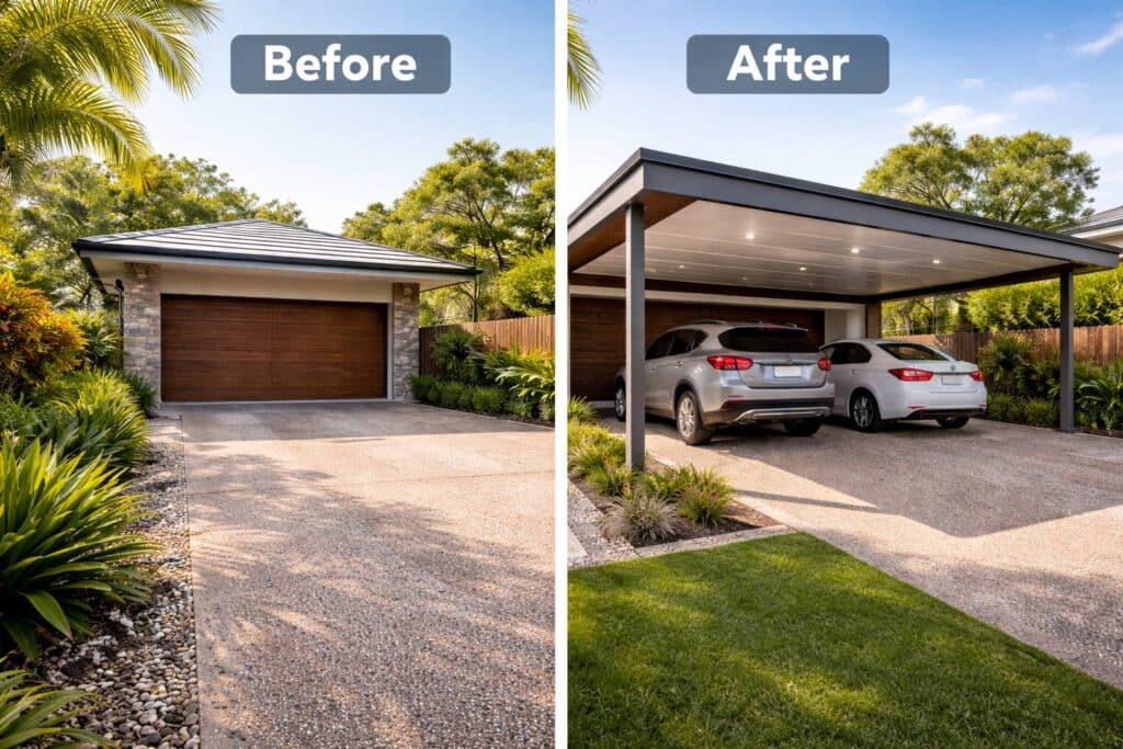 Side-by-side comparison of a backyard before and after installing a modern carport.