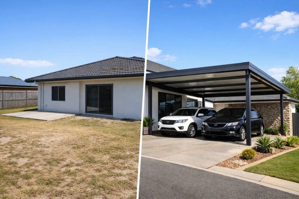 Before-and-after comparison of a backyard transformed with a modern custom carport in an Australian home.