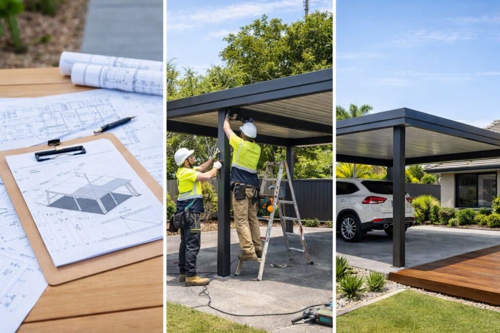 Visual representation of the carport building process, from design planning to construction and completed installation.