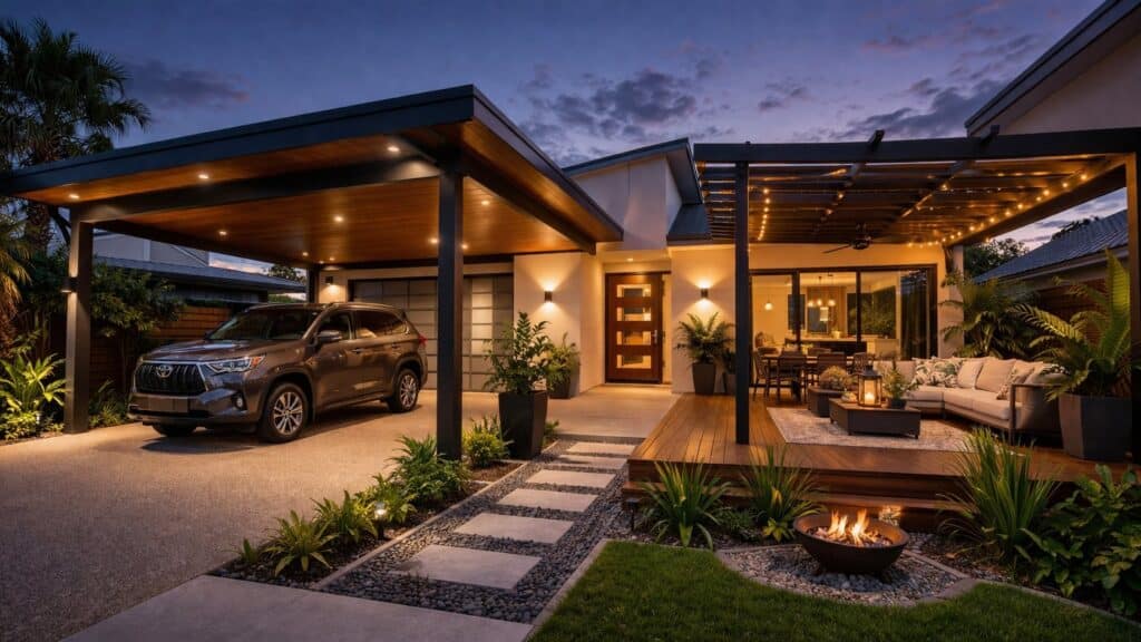 Integrated outdoor living space featuring a carport, patio, and deck with warm lighting and seating area.