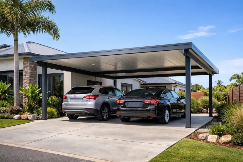 Modern double carport attached to a coastal home with two vehicles parked underneath.
